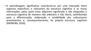 • A aprendizagem significativa caracteriza-se por uma interação entre
aspectos específicos e relevantes da estrutura cognitiva e as novas
informações, pelas quais estas adquirem significado e são integradas à
estrutura cognitiva de maneira não arbitrária e não literal, contribuindo
para a diferenciação, elaboração e estabilidade dos subsunçores
preexistentes e, consequentemente, da própria estrutura cognitiva
(MOREIRA, 2016).
 