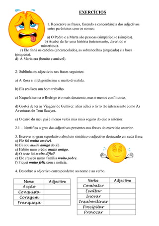 EXERCÍCIOS

                      1. Reescreve as frases, fazendo a concordância dos adjectivos
                      entre parênteses com os nomes:

                      a) O Pedro e a Marta são pessoas (simpático) e (simples).
                    b) Acabei de ler uma história (interessante, divertido e
                  misterioso).
   c) Ele tinha os cabelos (encaracolado), as sobrancelhas (arqueado) e a boca
(pequena).
d) A Maria era (bonito e amável).


2- Sublinha os adjectivos nas frases seguintes:

a) A Rosa é inteligentíssima e muito divertida.

b) Ela realizou um bom trabalho.

c) Naquela turma o Rodrigo é o mais desatento, mas o menos conflituoso.

d) Gostei de ler as Viagens de Gulliver: aliás achei o livro tão interessante como As
Aventuras de Tom Sawyer.

e) O carro do meu pai é menos veloz mas mais seguro do que o anterior.

2.1 – Identifica o grau dos adjectivos presentes nas frases do exercício anterior.

3. Escreve no grau superlativo absoluto sintético o adjectivo destacado em cada frase.
a) Ele foi muito amável.
b) Eu sou muito amiga do Zé.
c) Habito num prédio muito antigo.
d) O teste foi muito difícil.
e) Ele cresceu numa família muito pobre.
f) Fiquei muito feliz com a notícia.

4. Descobre o adjectivo correspondente ao nome e ao verbo.

    Nome               Adjectivo               Verbo                Adjectivo
   Acção                                     Combater
 Conquista                                    Exaltar
  Coragem                                     Inovar
 Franqueza                                 Insubordinar
                                             Precipitar
                                             Provocar
 