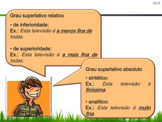 15/17

Grau superlativo relativo
• de inferioridade:
Ex.: Esta televisão é a menos fina de

todas.

• de superioridade:
Ex.: Esta televisão é a mais fina de

todas.

Grau superlativo absoluto
• sintético:
Ex.:
Esta

finíssima.

televisão

é

• analítico:
Ex.: Esta televisão é muito

fina.

 