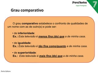 O grau comparativo estabelece o confronto de qualidades de 
um nome com as de outro(s) e pode ser: 
• de inferioridade: 
Ex.: Esta televisão é menos fina (do) que a de minha casa. 
• de igualdade: 
Ex.: Esta televisão é tão fina como/quanto a de minha casa. 
• de superioridade: 
Ex.: Esta televisão é mais fina (do) que a de minha casa. 
Porto Editora 
Grau comparativo 
 