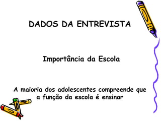 DADOS DA ENTREVISTA
Importância da Escola
A maioria dos adolescentes compreende que
a função da escola é ensinar
 