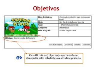 Objetivos
Cada OA lista o(s) objetivo(s) que deverão ser
alcançados pelos estudantes na atividade proposta.
 