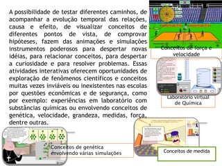 Conceitos de medida
A possibilidade de testar diferentes caminhos, de
acompanhar a evolução temporal das relações,
causa e efeito, de visualizar conceitos de
diferentes pontos de vista, de comprovar
hipóteses, fazem das animações e simulações
instrumentos poderosos para despertar novas
idéias, para relacionar conceitos, para despertar
a curiosidade e para resolver problemas. Essas
atividades interativas oferecem oportunidades de
exploração de fenômenos científicos e conceitos
muitas vezes inviáveis ou inexistentes nas escolas
por questões econômicas e de segurança, como
por exemplo: experiências em laboratório com
substâncias químicas ou envolvendo conceitos de
genética, velocidade, grandeza, medidas, força,
dentre outras.
Laboratório virtual
de Química
Conceitos de genética
envolvendo várias simulações
Conceitos de força e
velocidade
 