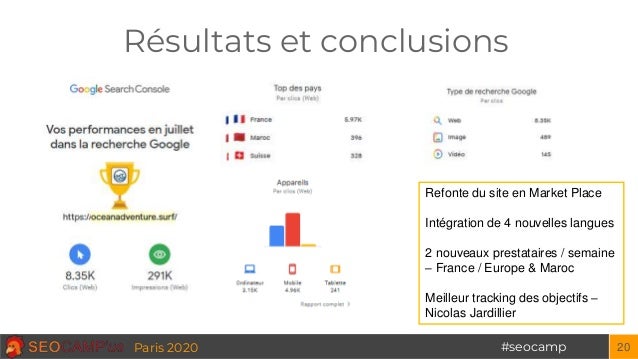 #seocampParis 2020
Résultats et conclusions
20
Refonte du site en Market Place
Intégration de 4 nouvelles langues
2 nouvea...