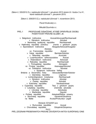 Zákon č. 335/2012 Z.z. nadobudol účinnosť 1. januárom 2013 okrem čl. I bodov 3 a 41,
ktoré nadobudli účinnosť 1. januárom 2015.
Zákon č. 339/2013 Z.z. nadobudol účinnosť 1. novembrom 2013.
Pavol Hrušovský v.r.
Mikuláš Dzurinda v.r.
PRÍL.1

PROFESIJNÉ OZNAČENIE, KTORÉ OPRÁVŇUJE OSOBU
POSKYTOVAŤ PRÁVNE SLUŽBY, JE:

v Belgickom kráľovstve
Avocat/Advocaat/Rechtsanwalt
v Dánskom kráľovstve
Advokat
v Nemeckej spolkovej republike
Rechtsanwalt
v Helénskej republike (Grécko)
znenie v gréckom jazyku
v Španielskom kráľovstve
Abogado/Advocat/Avogado/
Abokatu
vo Francúzskej republike
Avocat
v Írskej republike
Barrister/Solicitor
v Talianskej republike
Avvocato
v Luxemburskom veľkovojvodstve
Avocat
v Holandskom kráľovstve
Advocaat
v Rakúskej republike
Rechtsanwalt
v Portugalskej republike
Advogado
vo Fínskej republike
Asianajaja/Advokat
vo Švédskom kráľovstve
Advokat
v Spojenom kráľovstve Veľkej
Británie a Severného Írska
Advocate/Barrister/Solicitor
v Islandskej republike
Lögmaur
v Lichtenštajnskom kniežactve
Rechtsanwalt
v Nórskom kráľovstve
Advokat
v Českej republike
Advokát
v Estónskej republike
Vandeadvokaat
v Cyperskej republike
Text v gréckom jazyku
v Lotyšskej republike
Zvérináts advokáts
v Litovskej republike
Advokatas
v Maďarskej republike
Ügyvéd
v Poľskej republike
Adwokat/Radca prawny
v Slovinskej republike
Odvetnik/Odvetnica
na Malte
Avukat/Prokuratur Legali
Obrázok 331b2007.pcx
v Rumunskej republike
Avocat
v Chorvátskej republike
Odvjetnik/Odvjetnica
Príl.2
PRÍL.2ZOZNAM PREBERANÝCH PRÁVNE ZÁVÄZNÝCH AKTOV EURÓPSKEJ ÚNIE

 