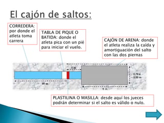 CORREDERA:
por donde el
atleta toma
carrera
TABLA DE PIQUE O
BATIDA: donde el
atleta pica con un pié
para iniciar el vuelo.
CAJÓN DE ARENA: donde
el atleta realiza la caída y
amortiguación del salto
con las dos piernas
PLASTILINA O MASILLA: desde aquí los jueces
podrán determinar si el salto es válido o nulo.
 