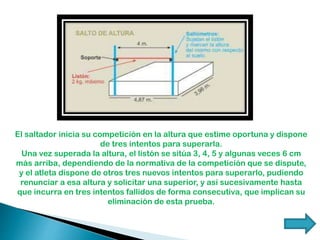 El saltador inicia su competición en la altura que estime oportuna y dispone
de tres intentos para superarla.
Una vez superada la altura, el listón se sitúa 3, 4, 5 y algunas veces 6 cm
más arriba, dependiendo de la normativa de la competición que se dispute,
y el atleta dispone de otros tres nuevos intentos para superarlo, pudiendo
renunciar a esa altura y solicitar una superior, y así sucesivamente hasta
que incurra en tres intentos fallidos de forma consecutiva, que implican su
eliminación de esta prueba.
 
