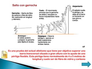 Es una prueba del actual atletismo que tiene por objetivo superar una
barra transversal situada a gran altura con la ayuda de una
pértiga flexible. Esta pértiga tiene normalmente de 4 a 5 metros de
longitud y suele ser de fibra de vidrio y carbono
 