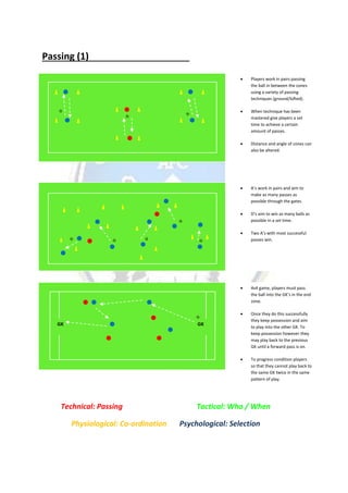 Passing (1)
 Players work in pairs passing
the ball in between the cones
using a variety of passing
techniques (ground/lofted).
 When technique has been
mastered give players a set
time to achieve a certain
amount of passes.
 Distance and angle of cones can
also be altered.
Technical: Passing Tactical: Who / When
Physiological: Co-ordination Psychological: Selection
 A’s work in pairs and aim to
make as many passes as
possible through the gates.
 D’s aim to win as many balls as
possible in a set time.
 Two A’s with most successful
passes win.
 4v4 game, players must pass
the ball into the GK’s in the end
zone.
 Once they do this successfully
they keep possession and aim
to play into the other GK. To
keep possession however they
may play back to the previous
GK until a forward pass is on.
 To progress condition players
so that they cannot play back to
the same GK twice in the same
pattern of play.
GK GK
 
