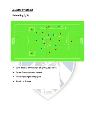Counter attacking
(Defending 1/3)
 Quick decision on transition of gaining possession
 Forward movement and support
 Forward passing to feet / space
 Security in defence
 