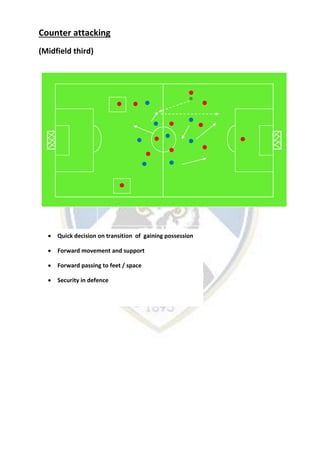 Counter attacking
(Midfield third)
 Quick decision on transition of gaining possession
 Forward movement and support
 Forward passing to feet / space
 Security in defence
 