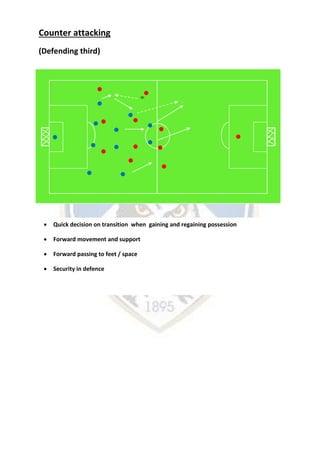 Counter attacking
(Defending third)
 Quick decision on transition when gaining and regaining possession
 Forward movement and support
 Forward passing to feet / space
 Security in defence
 