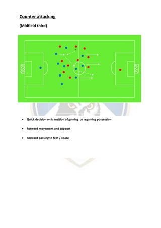 Counter attacking
(Midfield third)
 Quick decision on transition of gaining or regaining possession
 Forward movement and support
 Forward passing to feet / space
 