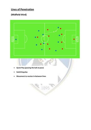 Lines of Penetration
(Midfield third)
 Quick Play (passing the ball at pace)
 Switching play
 Movement to receive in-between lines
 