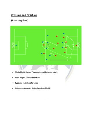 Crossing and Finishing
(Attacking third)
 Midfield distribution / balance to avoid counter attack
 Wide players / fullbacks link up
 Type and variation of crosses
 Strikers movement / timing / quality of finish
 