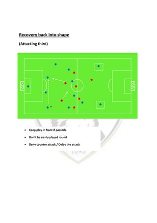Recovery back into shape
(Attacking third)
 Keep play in front if possible
 Don’t be easily played round
 Deny counter attack / Delay the attack
 