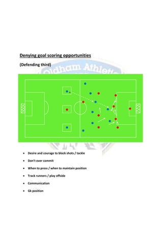 Denying goal scoring opportunities
(Defending third)
s
 Desire and courage to block shots / tackle
 Don’t over commit
 When to press / when to maintain position
 Track runners / play offside
 Communication
 Gk position
 