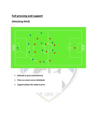 Full pressing and support
(Attacking third)
 Attitude to press (switched on)
 Press as a team not as individuals
 Support players be ready to press
 