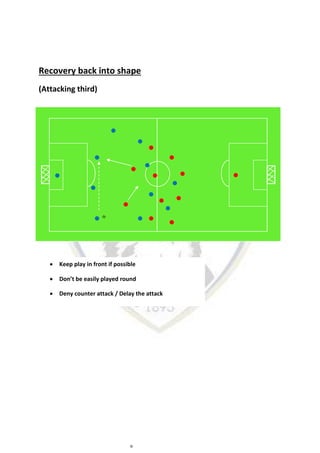 Recovery back into shape
(Attacking third)
 Keep play in front if possible
 Don’t be easily played round
 Deny counter attack / Delay the attack
 