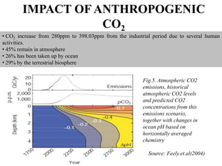 IMPACT OF ANTHROPOGENIC
CO2
• CO2 increase from 280ppm to 398.03ppm from the industrial period due to several human
activities.
• 45% remain in atmosphere
• 26% has been taken up by ocean
• 29% by the terrestrial biosphere
Fig.5. Atmospheric CO2
emissions, historical
atmospheric CO2 levels
and predicted CO2
concentrations from this
emissions scenario,
together with changes in
ocean pH based on
horizontally averaged
chemistry
Source: Feely.et.al(2004)
 