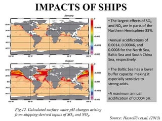 IMPACTS OF SHIPS
Fig.12. Calculated surface water pH changes arising
from shipping-derived inputs of SOX and NOX.
• The largest effects of SOX
and NOX are in parts of the
Northern Hemisphere 85%.
•Annual acidifications of
0.0014, 0.00046, and
0.0008 for the North Sea,
Baltic Sea and South China
Sea, respectively.
• The Baltic Sea has a lower
buffer capacity, making it
especially sensitive to
strong acids.
•A maximum annual
acidification of 0.0004 pH.
Source: Hassellöv et.al. (2013)
 