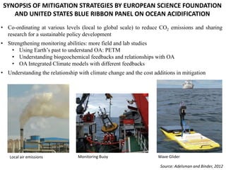 SYNOPSIS OF MITIGATION STRATEGIES BY EUROPEAN SCIENCE FOUNDATION
AND UNITED STATES BLUE RIBBON PANEL ON OCEAN ACIDIFICATION
• Co-ordinating at various levels (local to global scale) to reduce CO2 emissions and sharing
research for a sustainable policy development
• Strengthening monitoring abilities: more field and lab studies
• Using Earth’s past to understand OA: PETM
• Understanding biogeochemical feedbacks and relationships with OA
• OA Integrated Climate models with different feedbacks
• Understanding the relationship with climate change and the cost additions in mitigation
Source: Adelsman and Binder, 2012
Monitoring BuoyLocal air emissions Wave Glider
 