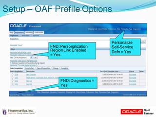 Setup – OAF Profile Options
Personalize
Self-Service
Defn = Yes
FND:Personalization
RegionLink Enabled
= Yes
FND:Diagnostics =
Yes
 
