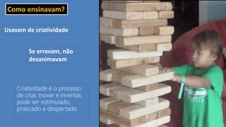 Usavam de criatividade
Se erravam, não
desanimavam
Criatividade é o processo
de criar, inovar e inventar,
pode ser estimulado,
praticado e despertado
Como ensinavam?
 