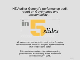 NZ Auditor General’s performance audit
report on Governance and
accountability …
NZ has dropped from second to fourth on the Corruption
Perceptions Index, so the AG thought it a good time to ask
what could be done better.
This reports summarises observations regarding
governance and accountability across all the audits
undertaken in 2014-2015.
JUNE 2016
 