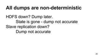 All dumps are non-deterministic
HDFS down? Dump later.
State is gone - dump not accurate
Slave replication down?
Dump not accurate
20
 