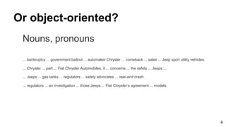 Or object-oriented?
Nouns, pronouns
... bankruptcy ... government bailout ... automaker Chrysler ... comeback ... sales ... Jeep sport utility vehicles.
... Chrysler ... part ... Fiat Chrysler Automobiles, it ... concerns ... the safety ... Jeeps ...
... Jeeps ... gas tanks ... regulators ... safety advocates ... rear-end crash.
... regulators ... an investigation ... those Jeeps ... Fiat Chrysler’s agreement ... models.
4
 