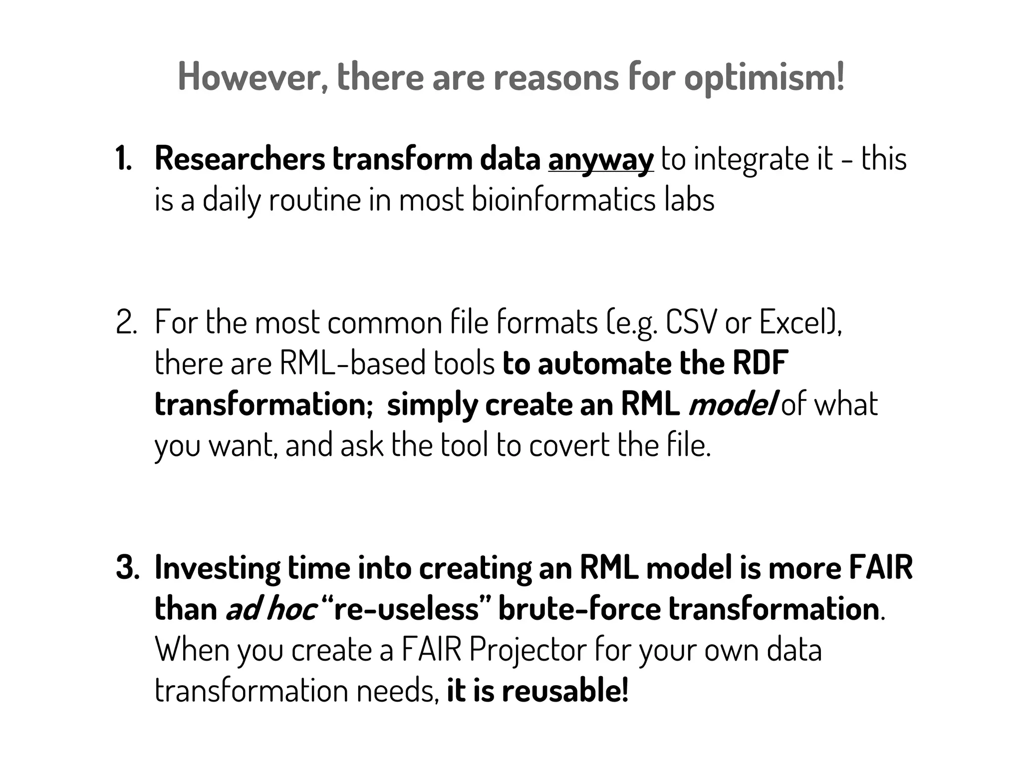 <FAIR metadata/>
foaf:primaryTopic Record R
dcat:Distribution_1
Source URL_U1
format rdf+xml
dcat:Distribution_2
Source URL_U2
format application/xml
dcat:Distribution_3
Source TPF_URL
Format rdf+xml
Model: Triple_Desc_URL
How/why
does this
return Triples?
We still have not defined a way to
GENERATE these triples
 