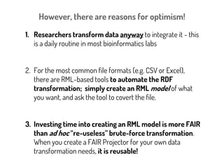 <FAIR metadata/>
foaf:primaryTopic Record R
dcat:Distribution_1
Source URL_U1
format rdf+xml
dcat:Distribution_2
Source URL_U2
format application/xml
dcat:Distribution_3
Source TPF_URL
Format rdf+xml
Model: Triple_Desc_URL
How/why
does this
return Triples?
We still have not defined a way to
GENERATE these triples
 