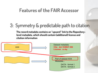 Features of the FAIR Accessor
3: A predictable “place” for metadata
PrimaryTopic: record 1A445
Record Metadata...
DATA - format 1
DATA - format 2
Different “kinds” of metadata have distinct ontological types, and
distinct document structures. There is no ambiguity regarding
what kind of thing the metadata is describing.
Dataset metadata
MetaRecordURL
 