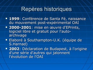 Repères historiquesRepères historiques
 19991999: Conférence de Santa Fé, naissance: Conférence de Santa Fé, naissance
du mouvement post-expérimental OAIdu mouvement post-expérimental OAI
 2000-20012000-2001: mise en œuvre d'EPrints,: mise en œuvre d'EPrints,
logiciel libre et gratuit pour l'auto-logiciel libre et gratuit pour l'auto-
archivagearchivage
 Elaboré à Southampton-U.K. (équipe deElaboré à Southampton-U.K. (équipe de
S.Harnad)S.Harnad)
 20022002: Déclaration de Budapest, à l'origine: Déclaration de Budapest, à l'origine
d'une série d'autres qui jalonnentd'une série d'autres qui jalonnent
l'évolution de l'OAIl'évolution de l'OAI
 