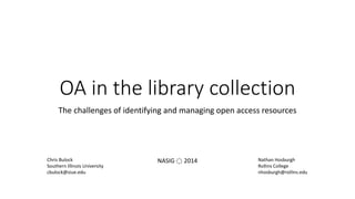 OA in the library collection
The challenges of identifying and managing open access resources
Chris Bulock
Southern Illinois University
cbulock@siue.edu
Nathan Hosburgh
Rollins College
nhosburgh@rollins.edu
NASIG ҉ 2014
 