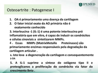 Osteoartrite : Patogenese I
19
1. OA é primariamente uma doença da cartilagem
2. O fator inicial exato da AO primária não é
exatamente conhecido
3. Interleucina -1 (IL-1) é uma potente interleucina pró
inflamatória que em vitro, é capaz de induzir os condrócitos
e células sinoviais a sintetizarem MMPs.
4 . Essas MMPs (MatrixMetallo Proteinases) são
primariamente enzimas responsáveis pela degradação da
cartilagem articular .
5. A IL-1 suprime a síntese do colágeno tipo II e
proteoglicanos a proliferação do condrócito via fator do
crescimento Beta .
6. Isto leva a degeneração da cartilagem e consequentemente
à OA
 