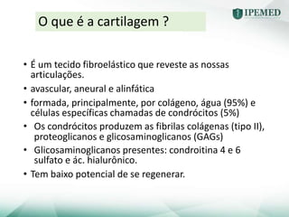 • É um tecido fibroelástico que reveste as nossas
articulações.
• avascular, aneural e alinfática
• formada, principalmente, por colágeno, água (95%) e
células específicas chamadas de condrócitos (5%)
• Os condrócitos produzem as fibrilas colágenas (tipo II),
proteoglicanos e glicosaminoglicanos (GAGs)
• Glicosaminoglicanos presentes: condroitina 4 e 6
sulfato e ác. hialurônico.
• Tem baixo potencial de se regenerar.
O que é a cartilagem ?
 