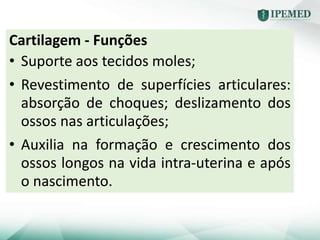 Cartilagem - Funções
• Suporte aos tecidos moles;
• Revestimento de superfícies articulares:
absorção de choques; deslizamento dos
ossos nas articulações;
• Auxilia na formação e crescimento dos
ossos longos na vida intra-uterina e após
o nascimento.
 