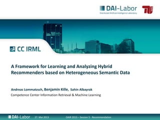Competence Center Information Retrieval & Machine Learning
A Framework for Learning and Analyzing Hybrid
Recommenders based on Heterogeneous Semantic Data
Andreas Lommatzsch, Benjamin Kille, Sahin Albayrak
27. Mai 2013 OAIR 2013 – Session 5 - Recommendation
 