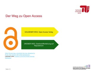 Der Weg zu Open Access
Seite 12
GOLDENER WEG: Open Access Verlag
GRÜNER WEG: Zweitveröffentlichung auf
Repositorium
Open Access logo, converted into svg, designed by
PLoS. This version with white background.
Lizenziert unter Creative Commons Public Domain
Dedication
 
