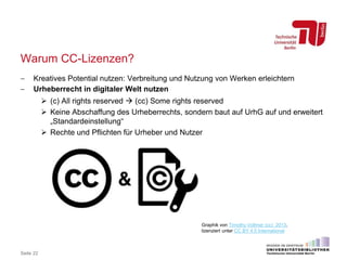 Warum CC-Lizenzen?
 Kreatives Potential nutzen: Verbreitung und Nutzung von Werken erleichtern
 Urheberrecht in digitaler Welt nutzen
 (c) All rights reserved  (cc) Some rights reserved
 Keine Abschaffung des Urheberrechts, sondern baut auf UrhG auf und erweitert
„Standardeinstellung“
 Rechte und Pflichten für Urheber und Nutzer
Seite 22
Graphik von Timothy Vollmer (cc) 2013,
lizenziert unter CC BY 4.0 International
 