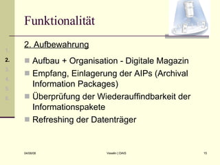 Funktionalität 2. Aufbewahrung Aufbau + Organisation - Digitale Magazin Empfang, Einlagerung der AIPs (Archival Information Packages) Überprüfung der Wiederauffindbarkeit der Informationspakete Refreshing der Datenträger 1. 2. 3. 4. 5. 6. 