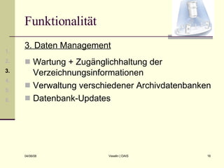 Funktionalität 3. Daten Management Wartung + Zugänglichhaltung der Verzeichnungsinformationen Verwaltung verschiedener Archivdatenbanken Datenbank-Updates 1. 2. 3. 4. 5. 6. 