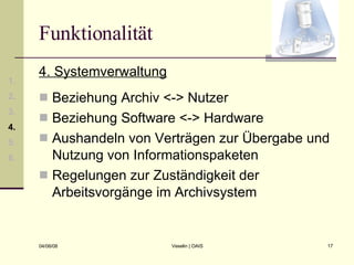 Funktionalität 4. Systemverwaltung Beziehung Archiv <-> Nutzer Beziehung Software <-> Hardware Aushandeln von Verträgen zur Übergabe und Nutzung von Informationspaketen Regelungen zur Zuständigkeit der Arbeitsvorgänge im Archivsystem 1. 2. 3. 4. 5. 6. 