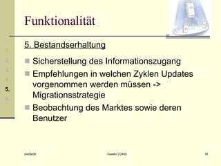 Funktionalität 5. Bestandserhaltung Sicherstellung des Informationszugang Empfehlungen in welchen Zyklen Updates vorgenommen werden müssen -> Migrationsstrategie Beobachtung des Marktes sowie deren Benutzer 1. 2. 3. 4. 5. 6. 