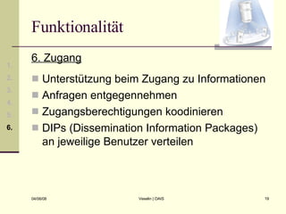 Funktionalität 6. Zugang Unterstützung beim Zugang zu Informationen Anfragen entgegennehmen  Zugangsberechtigungen koodinieren DIPs (Dissemination Information Packages) an jeweilige Benutzer verteilen 1. 2. 3. 4. 5. 6. 