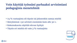 Voin käyttää työssäni parhaaksi arvioimiani
pedagogisia menetelmiä
• 74 % vastaajista oli täysin tai jokseenkin samaa mieltä
• Ikäryhmissä +50 selvästi enemmän kuin alle 30 v.
• Kokemuksesta näyttää olevan hyötyä
• Täysin eri mieltä oli vain 3 % vastaajista
 
