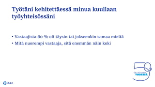 Työtäni kehitettäessä minua kuullaan
työyhteisössäni
• Vastaajista 60 % oli täysin tai jokseenkin samaa mieltä
• Mitä nuorempi vastaaja, sitä enemmän näin koki
 