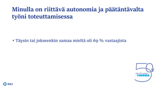Minulla on riittävä autonomia ja päätäntävalta
työni toteuttamisessa
• Täysin tai jokseenkin samaa mieltä oli 69 % vastaajista
 